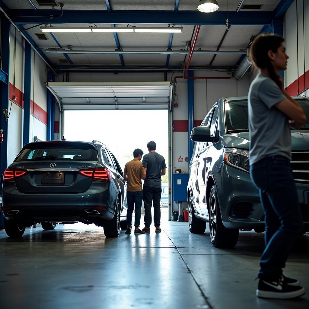 A team of mechanics inspecting a car service vehicle