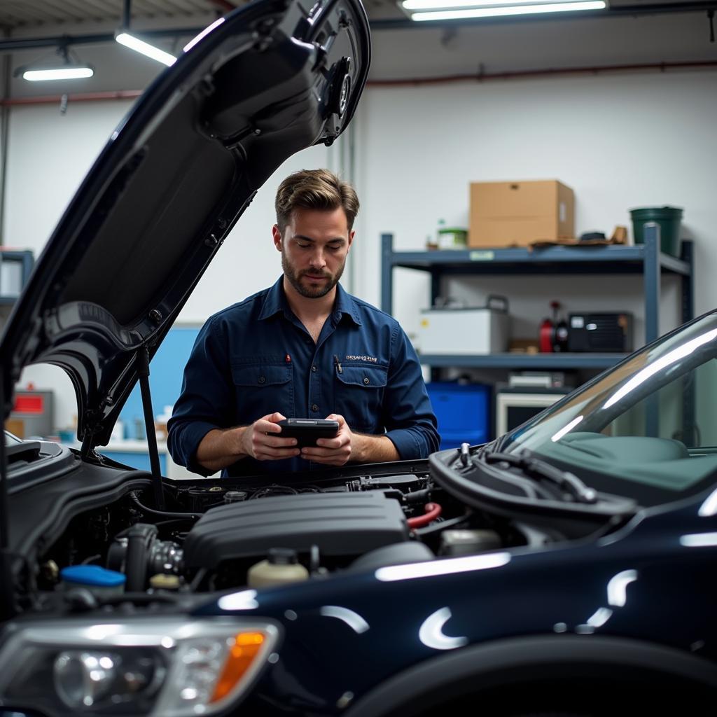 Mechanic Inspecting a Car in a Well-Equipped Garage