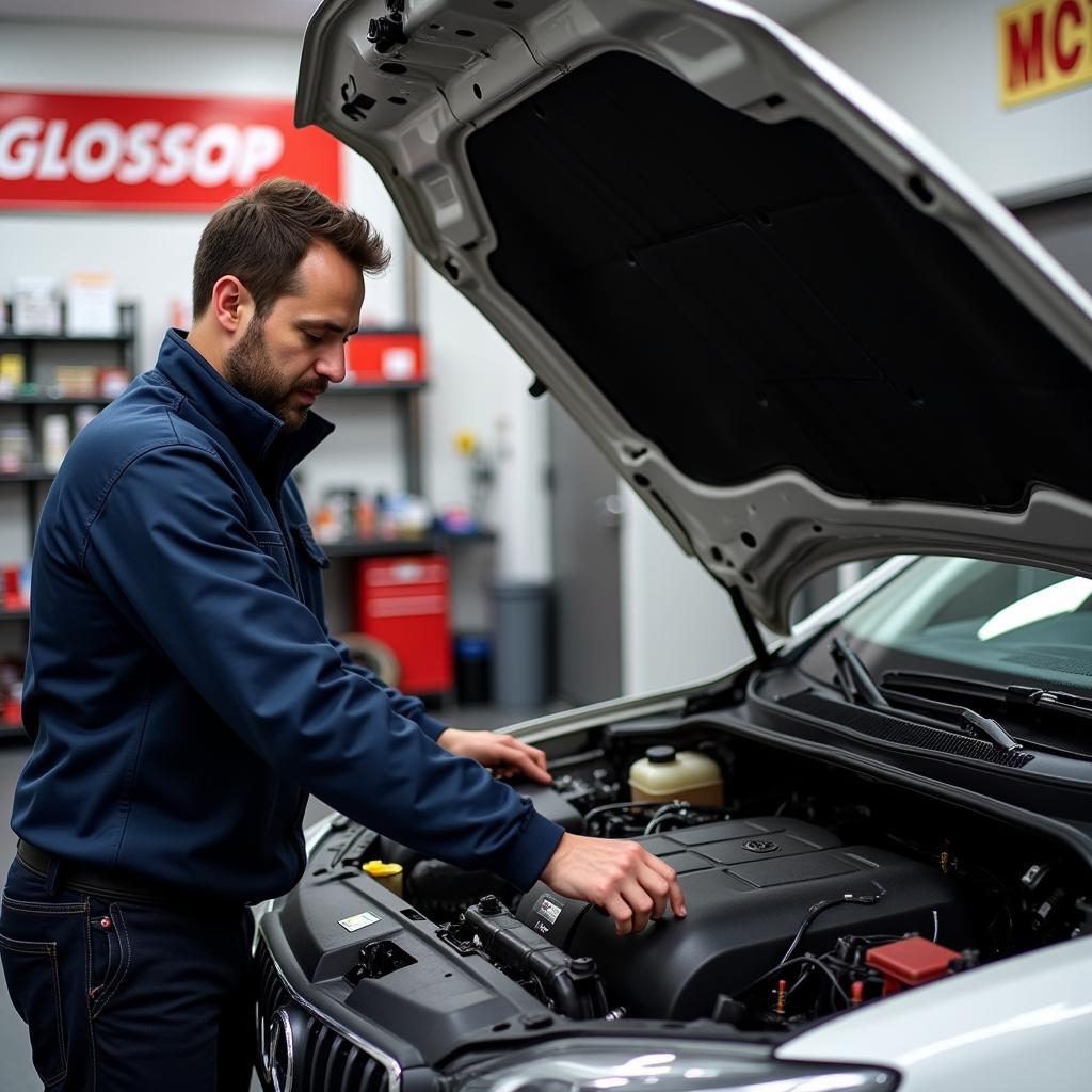 Mechanic working under the hood of a car in a Glossop garage