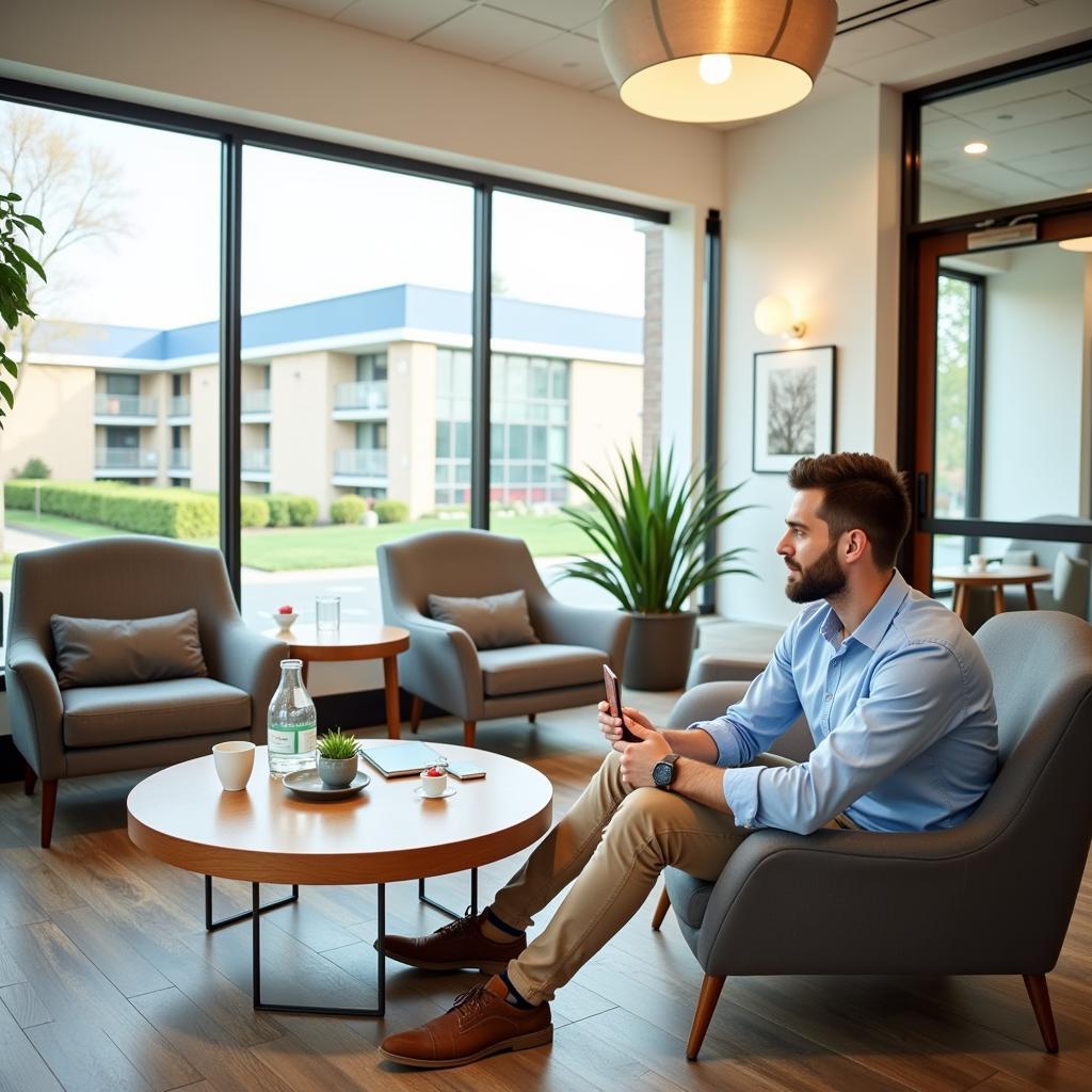 Clean and comfortable waiting area in a Greenwood car service center