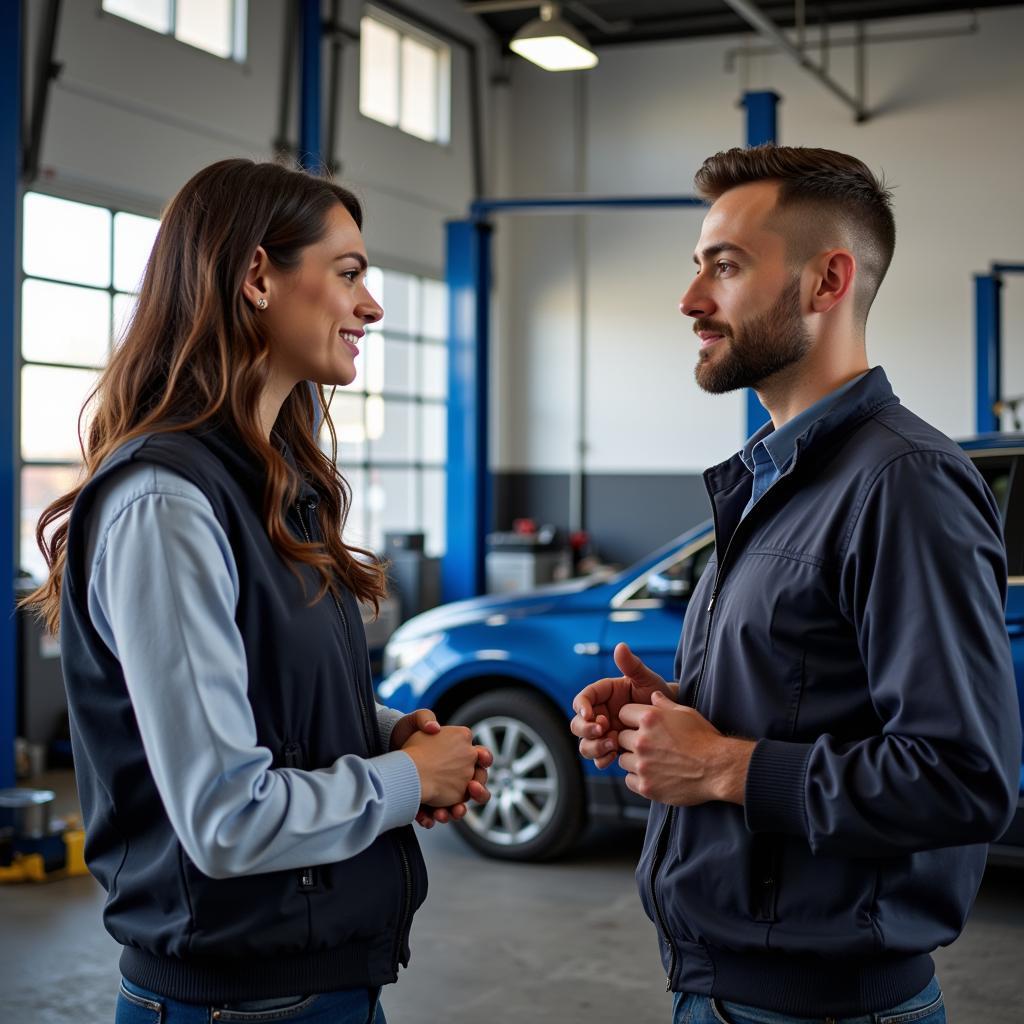 Car owner discussing car repairs with a mechanic in Hatfield.