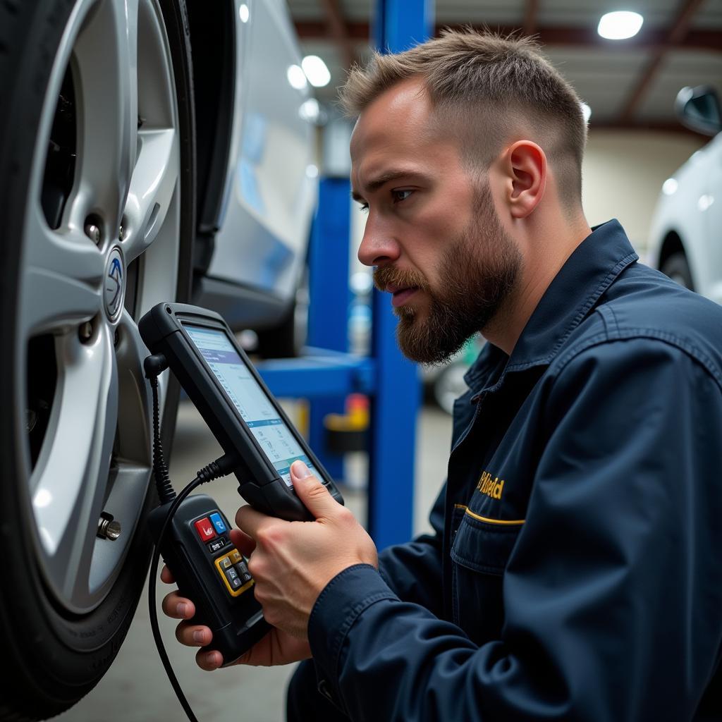 Skilled mechanic inspecting a vehicle in Hatfield car service.