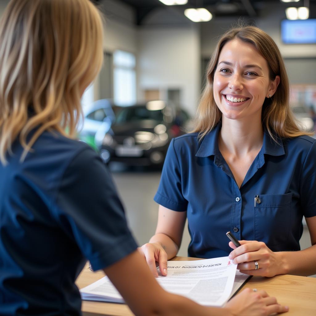  Customer discussing car service needs with a service advisor on Hatfield Road. 