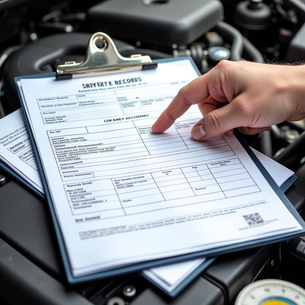 Car service history records on a clipboard