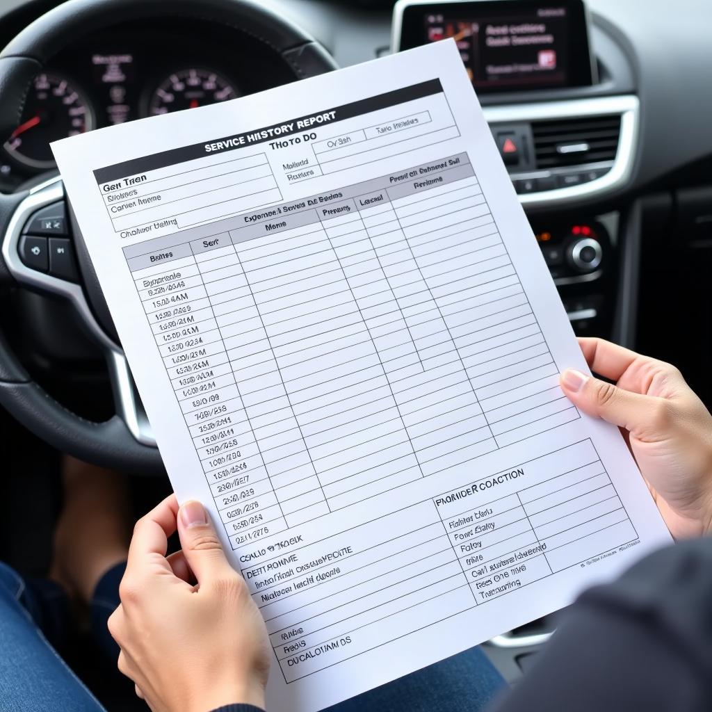 Printed car service history report in hand