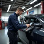 Mechanic inspecting a car in a Hoboken garage