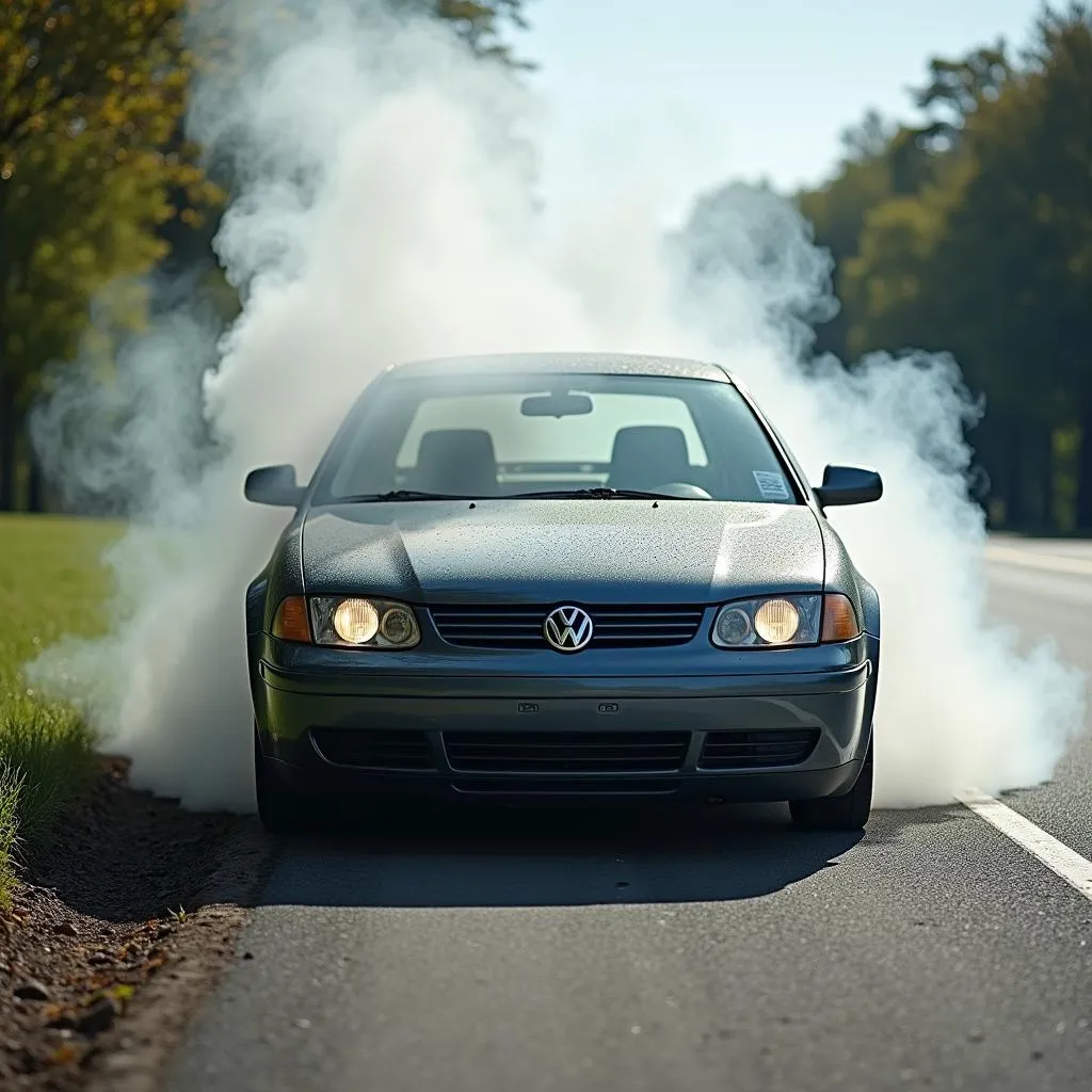 Broken down car on the side of the road with steam coming from the hood