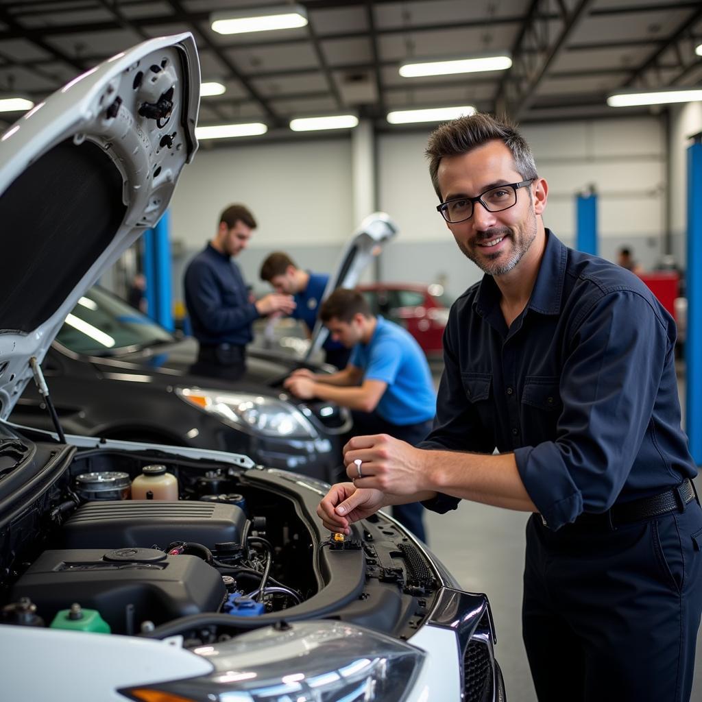  A modern car service center in Allentown with mechanics working on vehicles