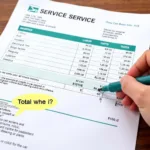 Close-up of a car service invoice with highlighted costs