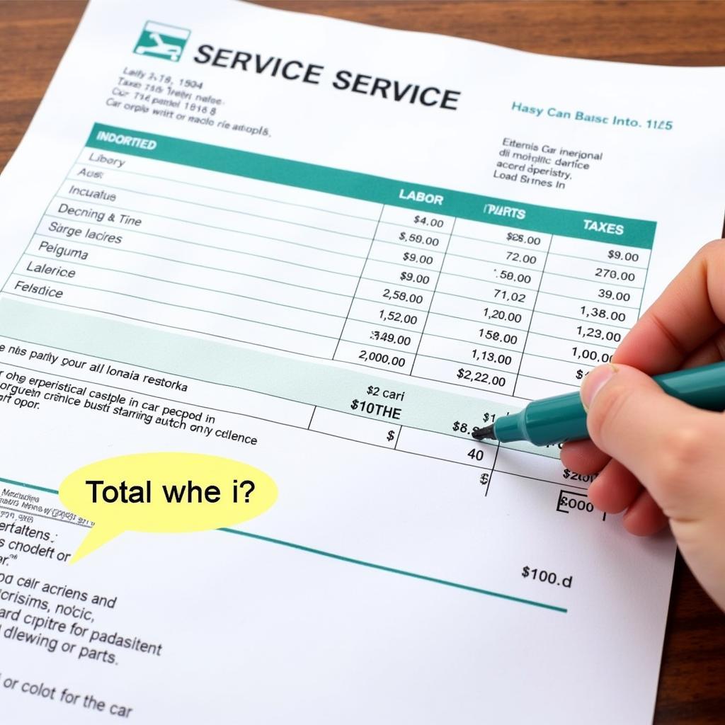 Close-up of a car service invoice with highlighted costs