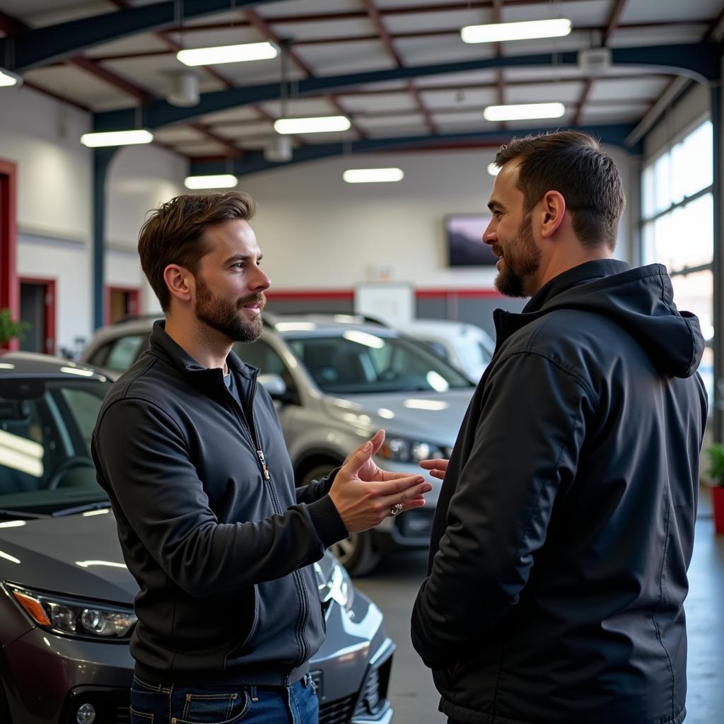 Customer discussing car issues with mechanic in Inwood