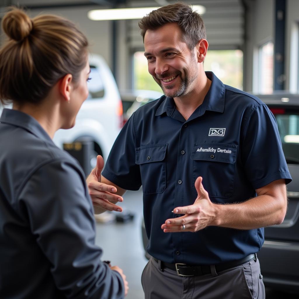 Car service advisor discussing repair options with a customer.