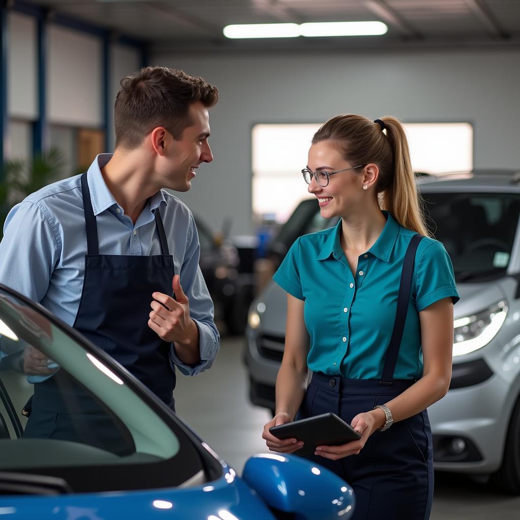 Friendly customer service representative assisting a car owner in a Johannesburg auto repair shop.