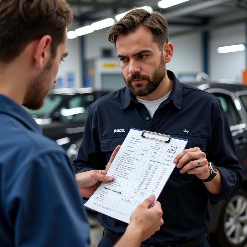 Car owner reviewing a detailed repair estimate with a mechanic in a Johannesburg auto repair shop.