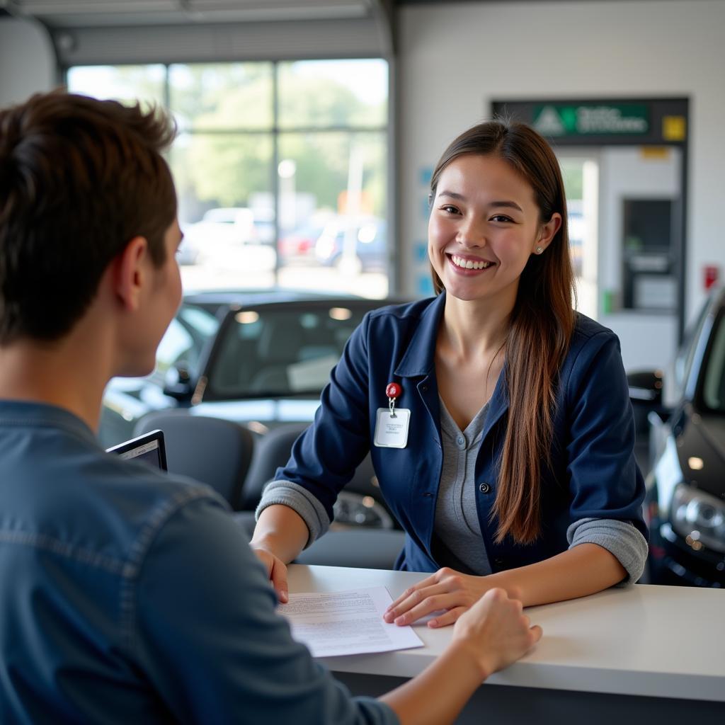 Friendly Customer Service Representative Assisting a Customer at a Car Service Center in Lansing