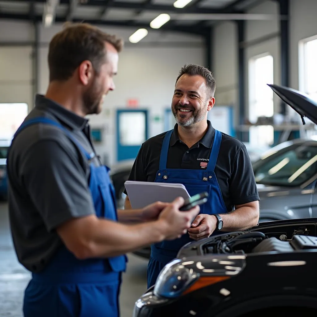 Car service Las Vegas customer talking to mechanic