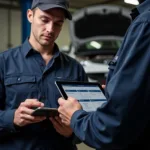 Technician using car service management system on mobile app