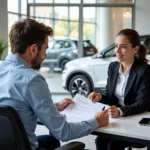 Car service manager discussing salary with an employee