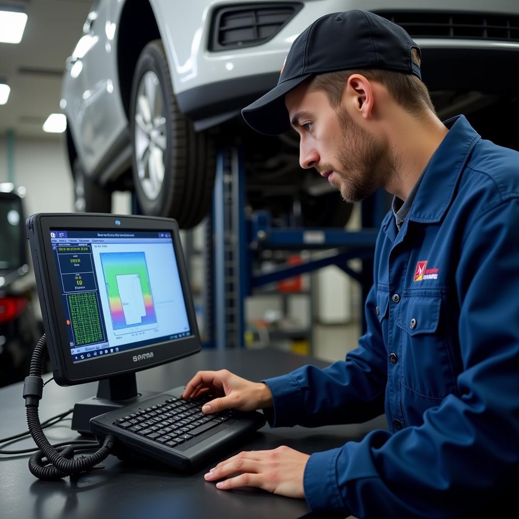 Mechanic using advanced diagnostic equipment in a Manchester NJ car service center