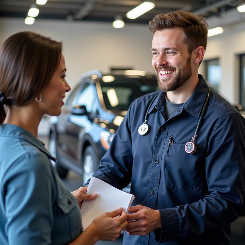 Friendly car service advisor discussing service options with a customer in Mayfield