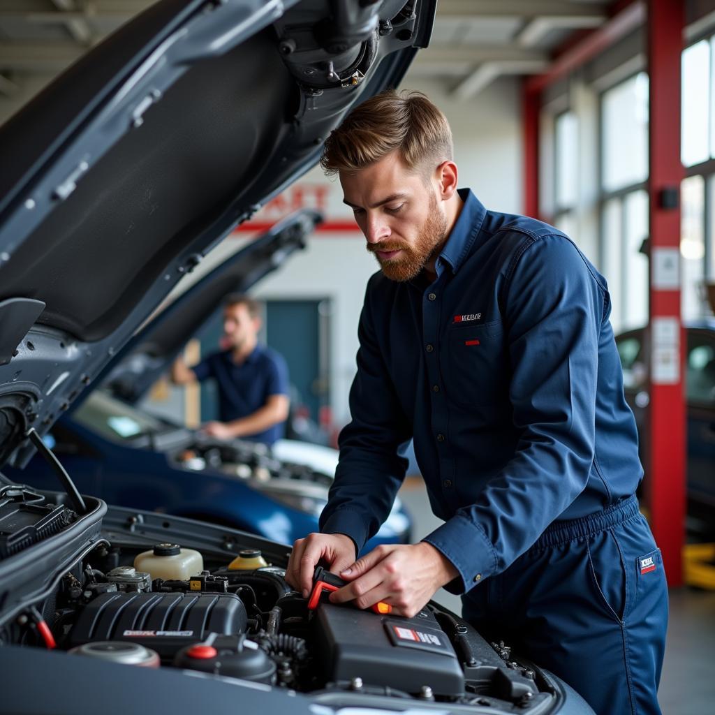 Car mechanic inspecting a car engine