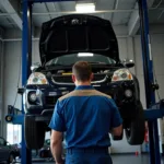 mechanic inspecting a car in a service centre