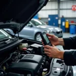 Mechanic inspecting a car in a service garage