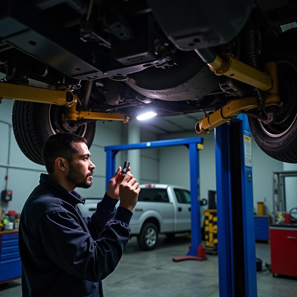 Mechanic inspecting the underside of a vehicle on a lift