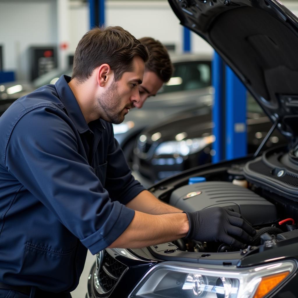 Experienced car mechanic working on a vehicle in a professional car service garage