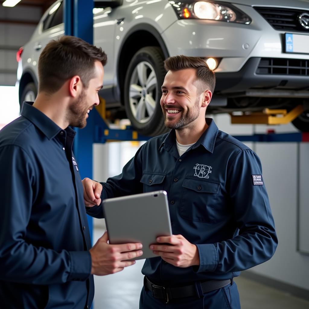 A mechanic explaining car repairs to a customer in Mentone.