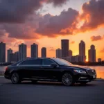 Luxury sedan parked in front of Miami skyline at sunset