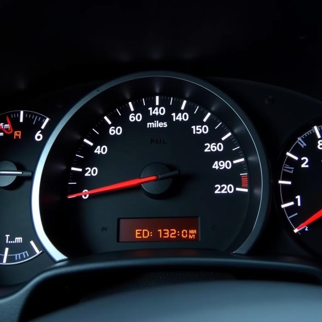 Car dashboard showing high mileage