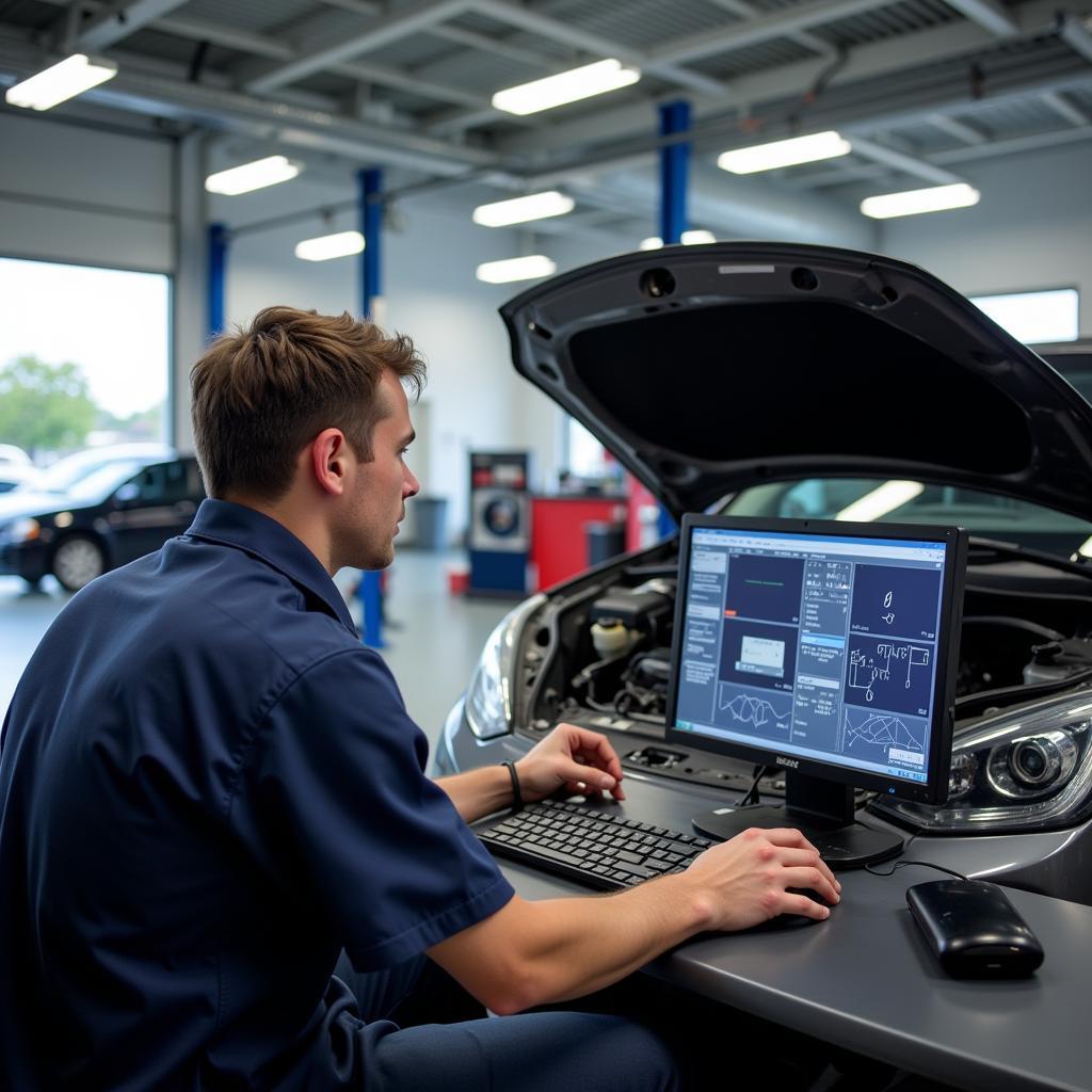 Mechanic using modern diagnostic equipment in Myaree car service center.