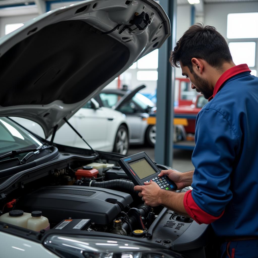 Mechanic Performing Engine Diagnostics in Nagpur Service Centre