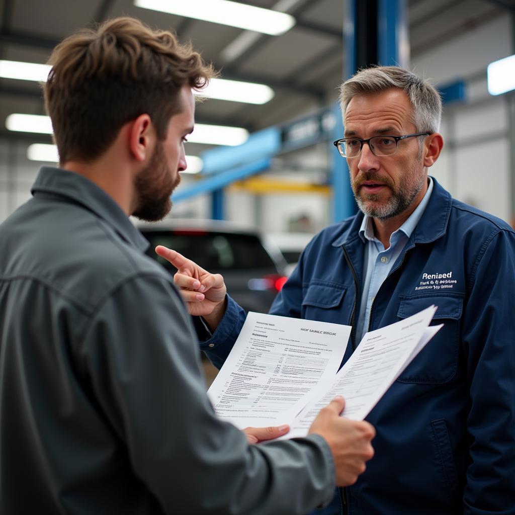 Car service New Jersey customer discussing repairs with a mechanic