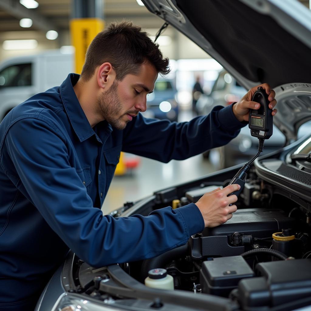 Car service technician inspecting vehicle