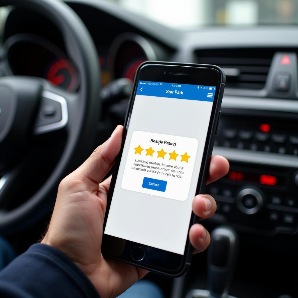 Customer leaving a positive online review on their smartphone for a car service in New Jersey