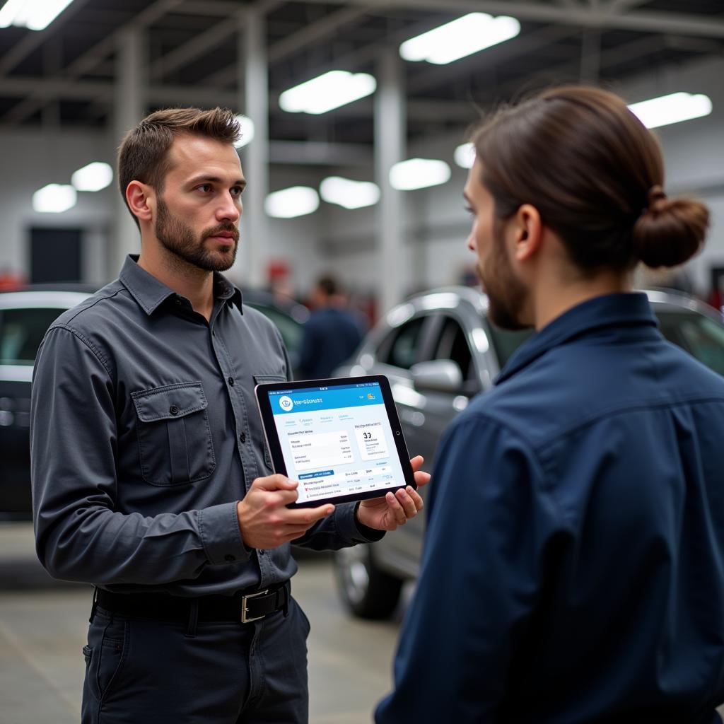 Mechanic discussing car repair costs with a customer using a digital tablet in New Jersey