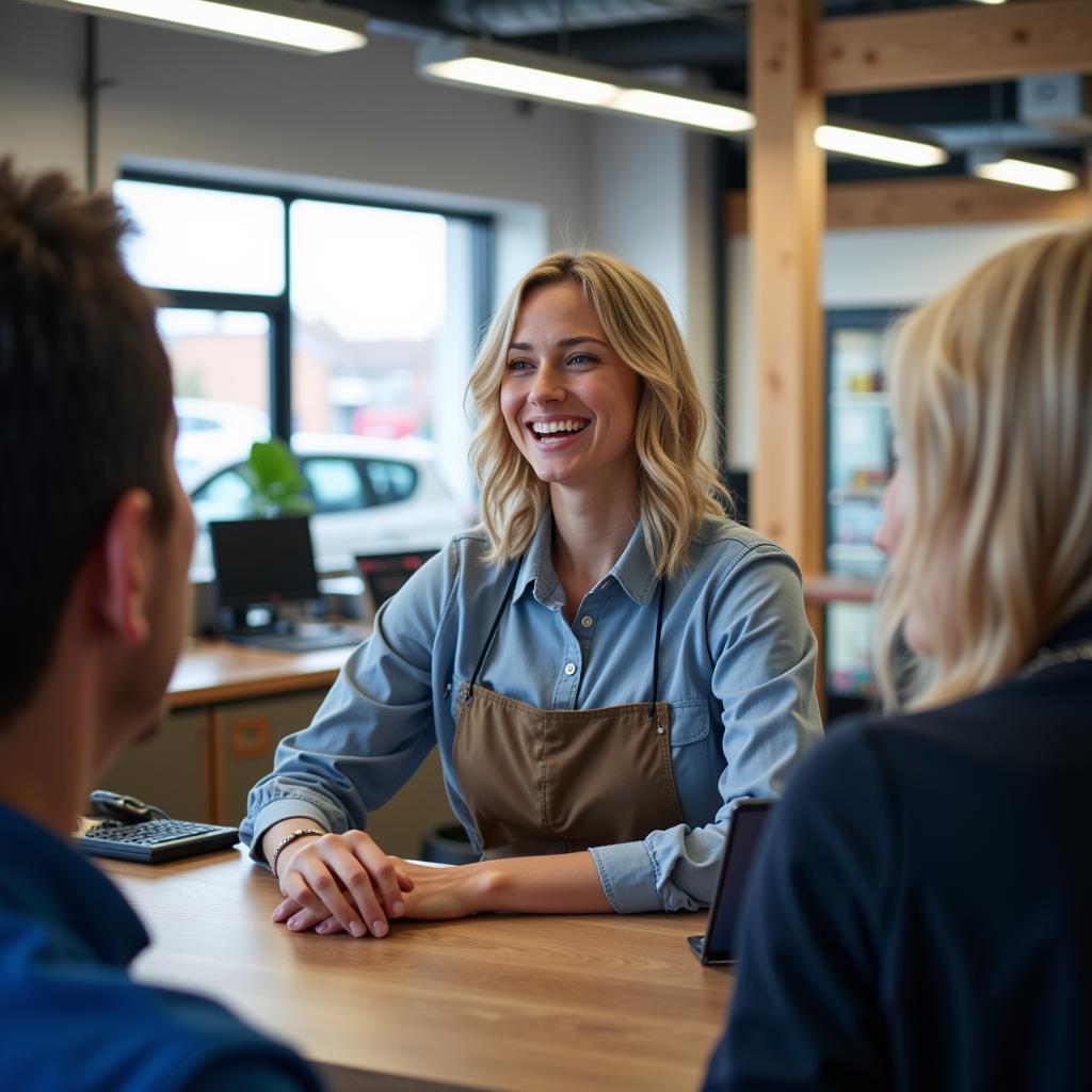 Friendly customer service representative at a car service centre in Norwich