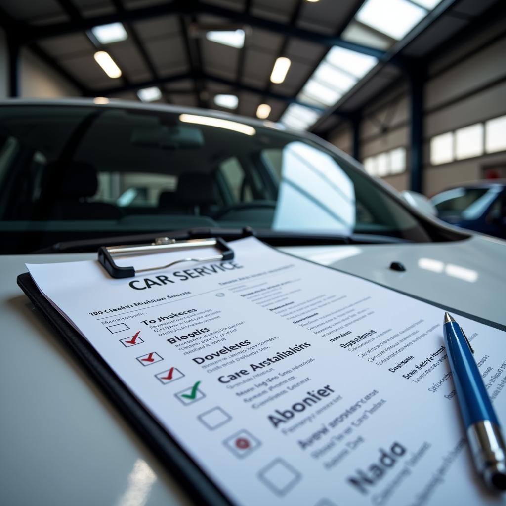 Car service checklist on a clipboard in a Nottingham garage