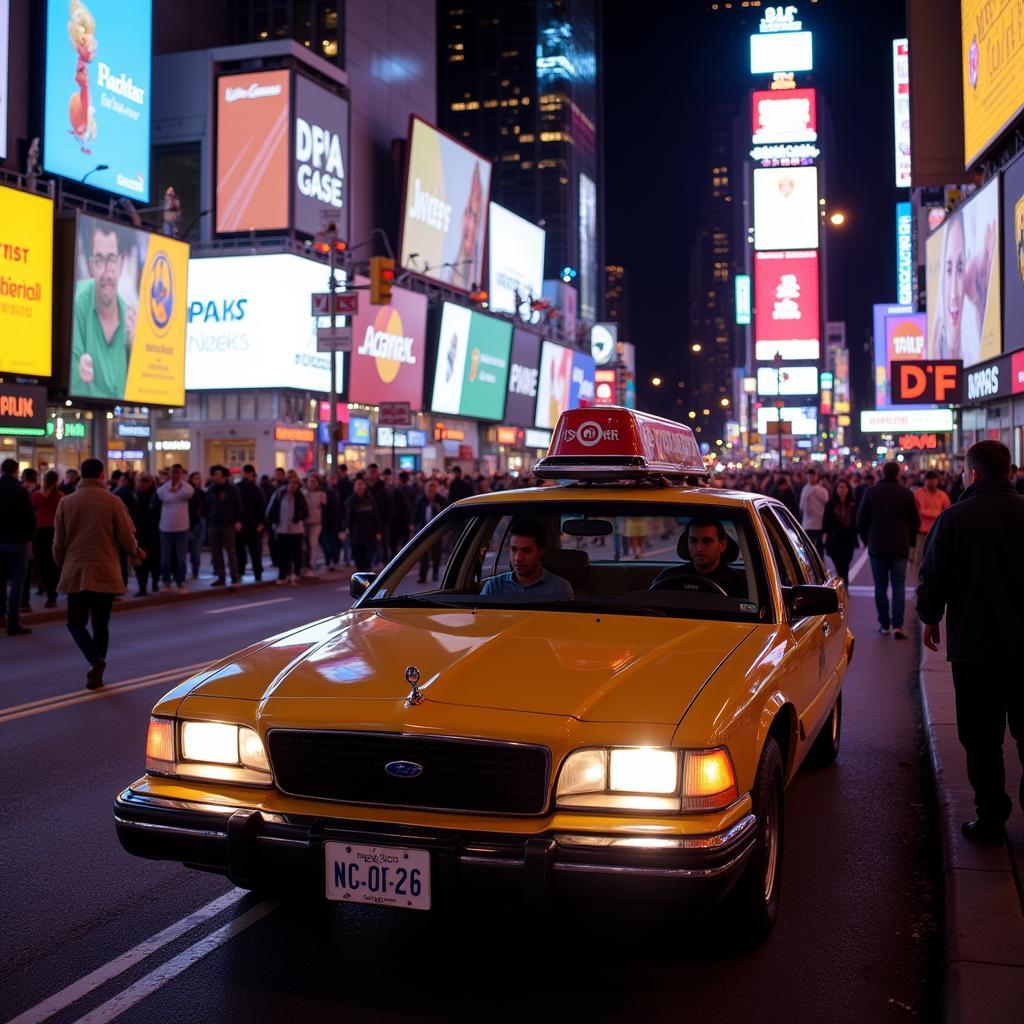 A black car driving through Times Square at night