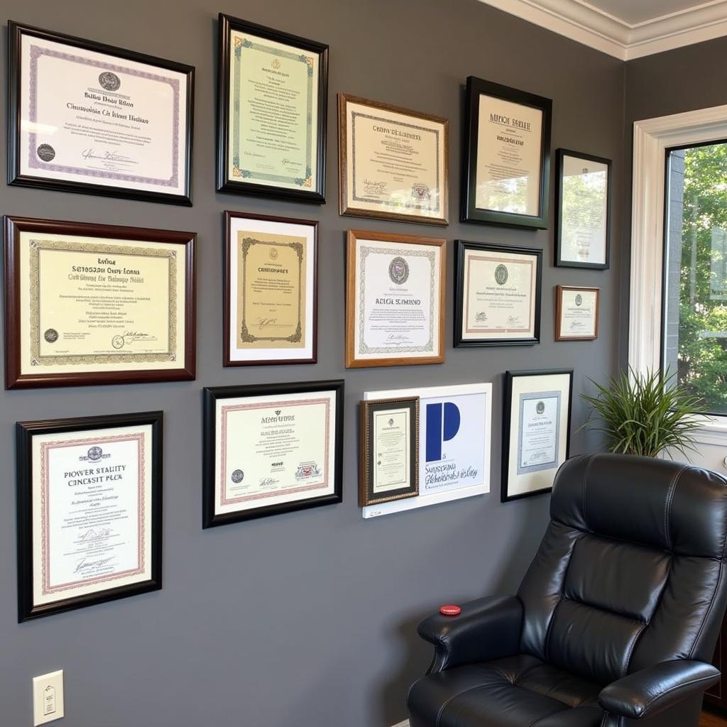 Wall of certifications and awards in a Park Slope car service center