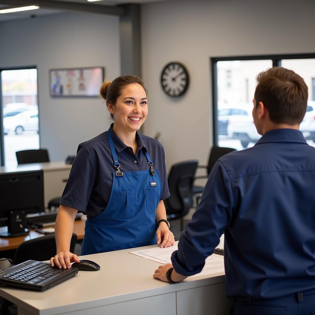 Friendly staff member assisting a customer at the front desk of a car service center