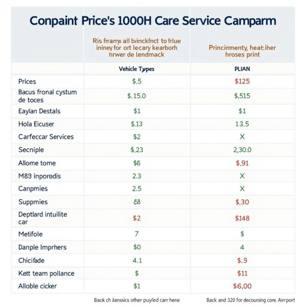 Car Service Price Comparison Chart