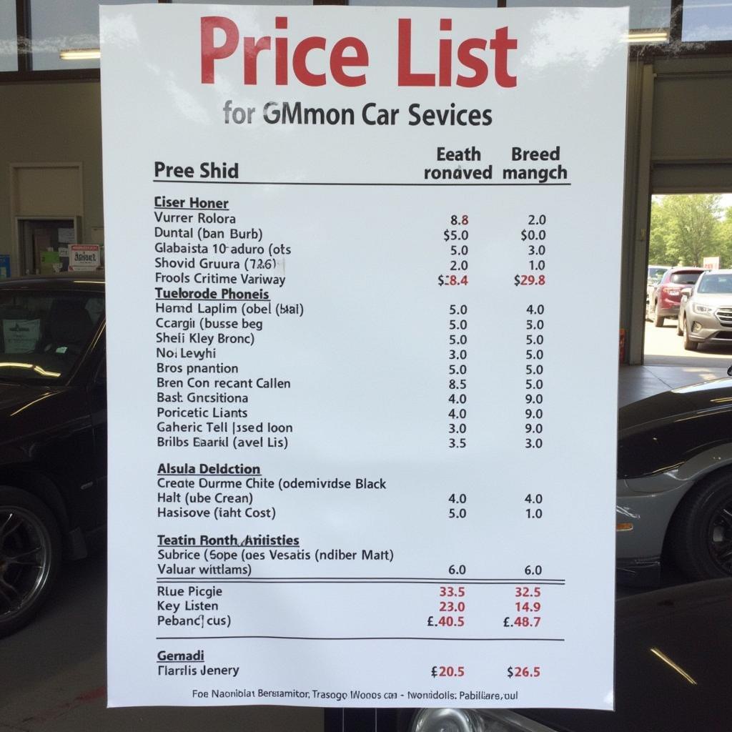 Car service price list displayed in a New Milton garage