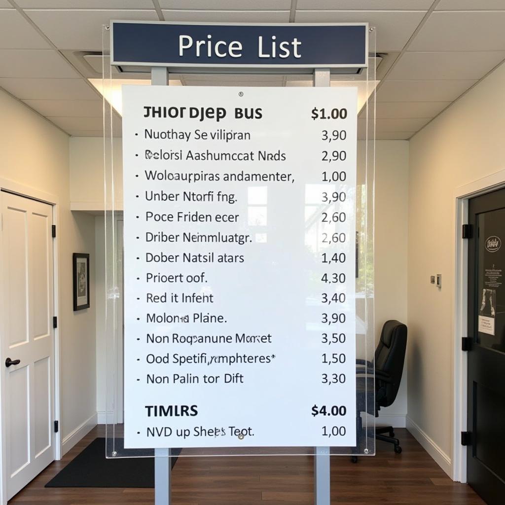 Car service price list displayed in a Newport, RI, auto shop