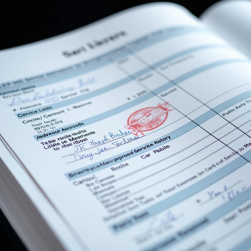 Open service record book with stamps from a manufacturer-approved service center