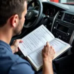 Mechanic showing a car service record book