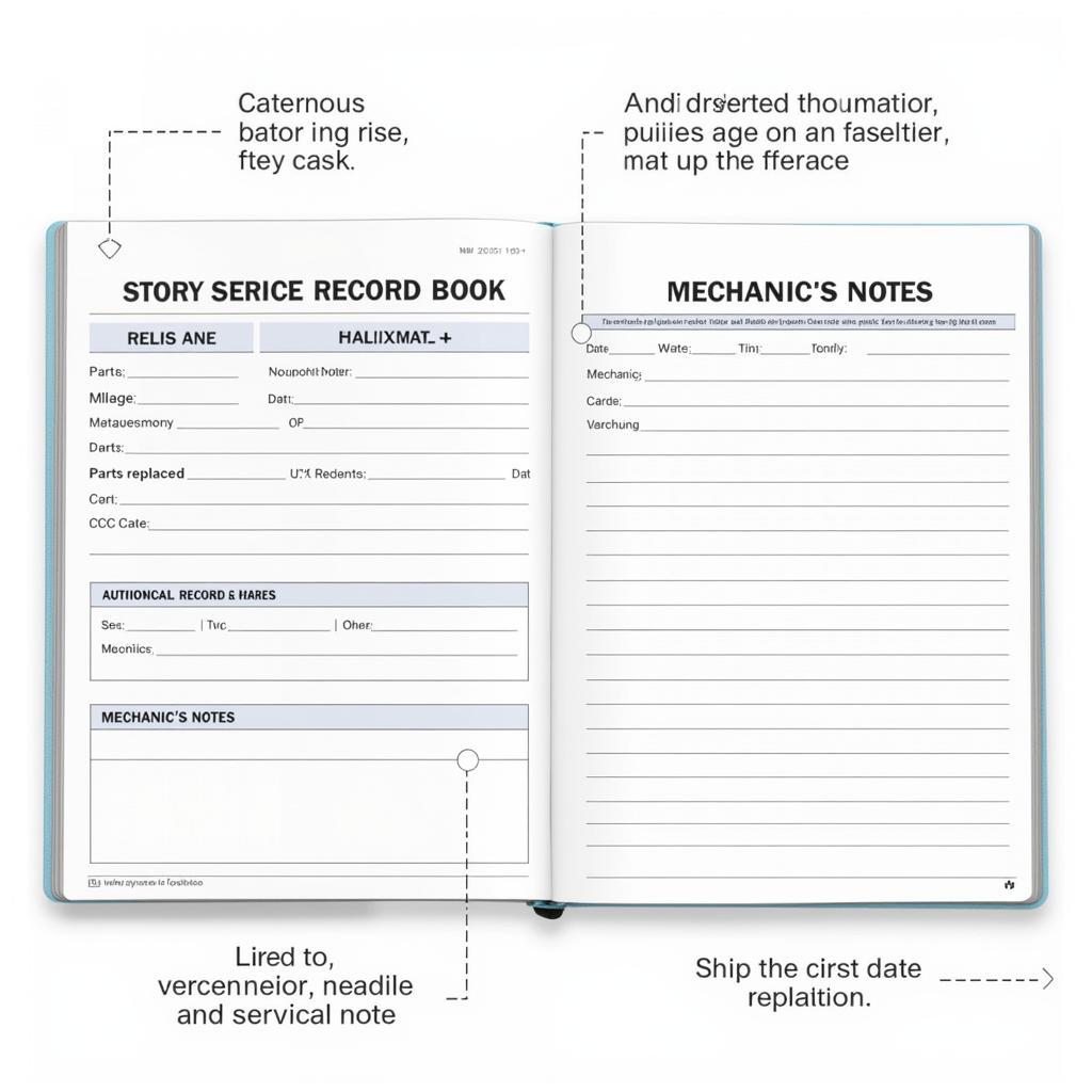 Close-up of different sections in a car service record book