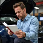 Mechanic reviewing car service records